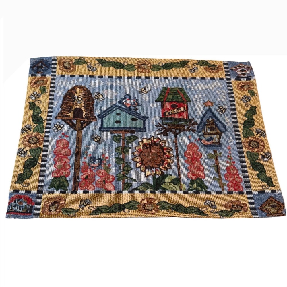 Set of 4 Vintage Tapestry Birdhouse Bee Placemats Cottagecore Farmhouse Whimsy